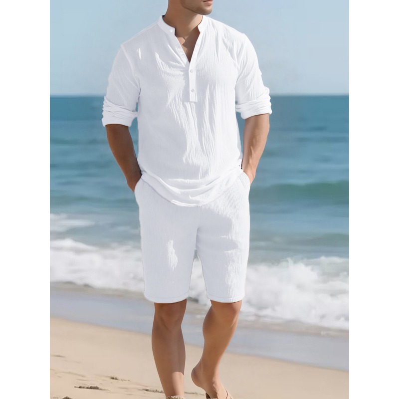 Mens Linen Shirt Long Sleeve - Men's White Linen Blend Two Piece