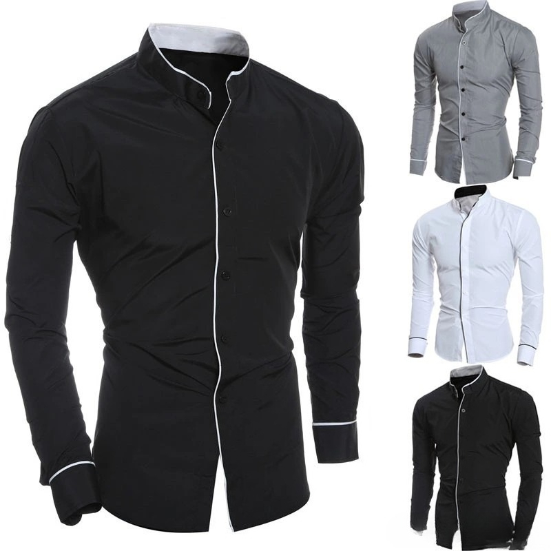 Men Slim Fit Solid Color Long  - огляд і ціна Mandarin Collar Formal Shirt Slim Fit