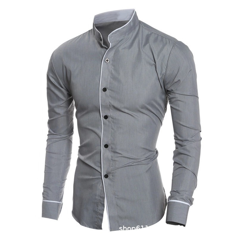 Men Slim Fit Solid Color Long  - огляд і ціна Mandarin Collar Formal Shirt Slim Fit