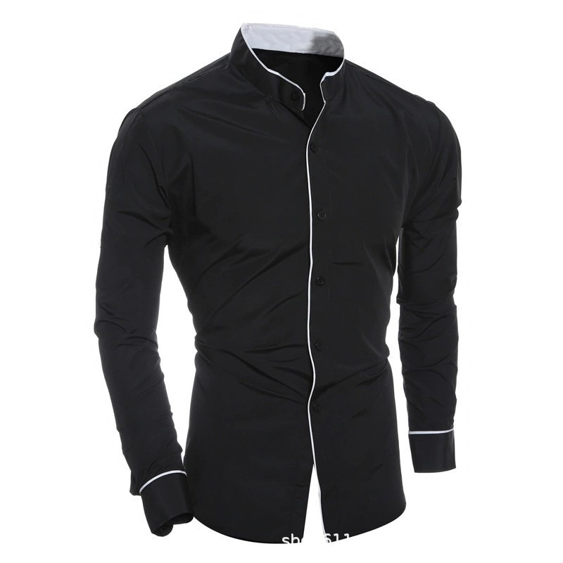 Men Slim Fit Solid Color Long  - огляд і ціна Mandarin Collar Formal Shirt Slim Fit