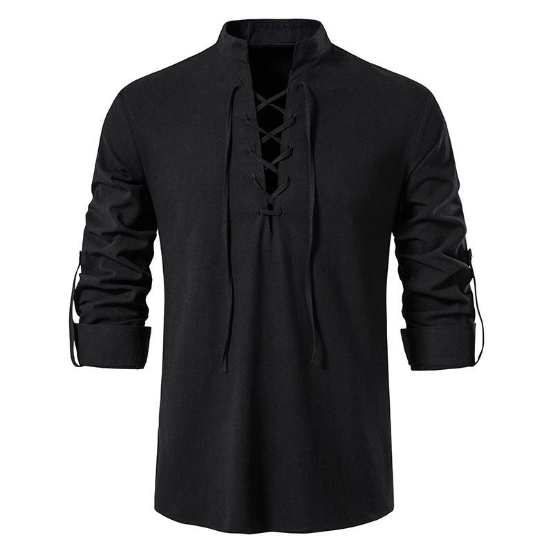Men's Medieval Lace Up Cotton  - огляд і ціна Mens Linen Shirt Long Sleeve