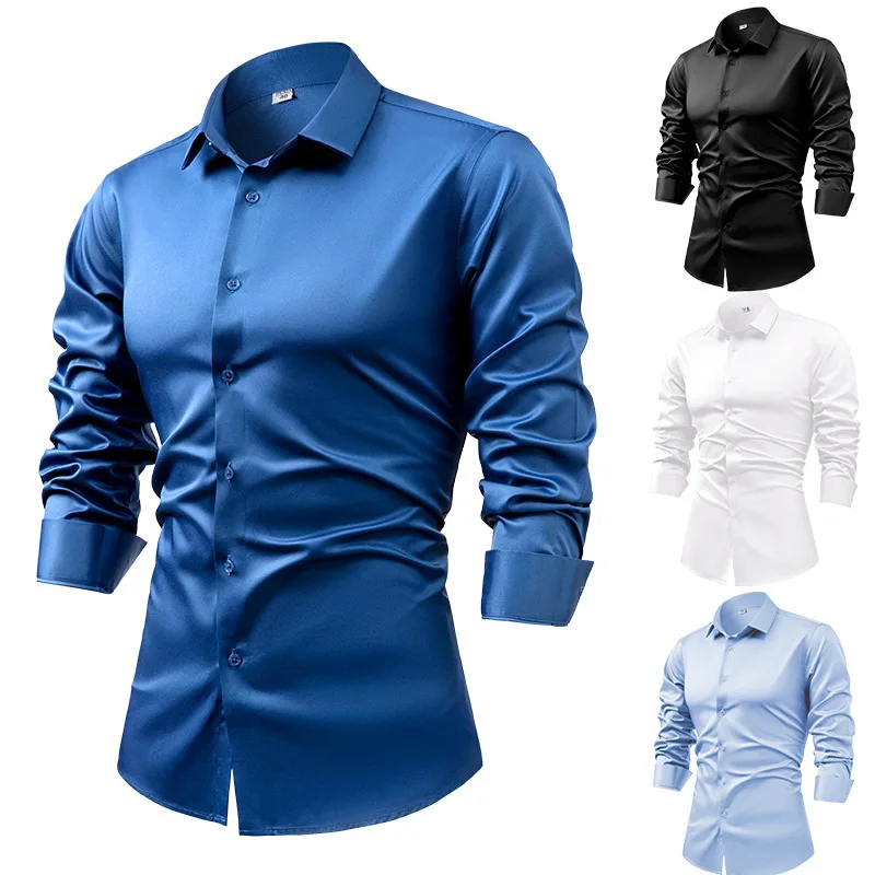 2025 Spring Autumn Royal Blue  - огляд і ціна Mens Satin Silk Dress Shirt