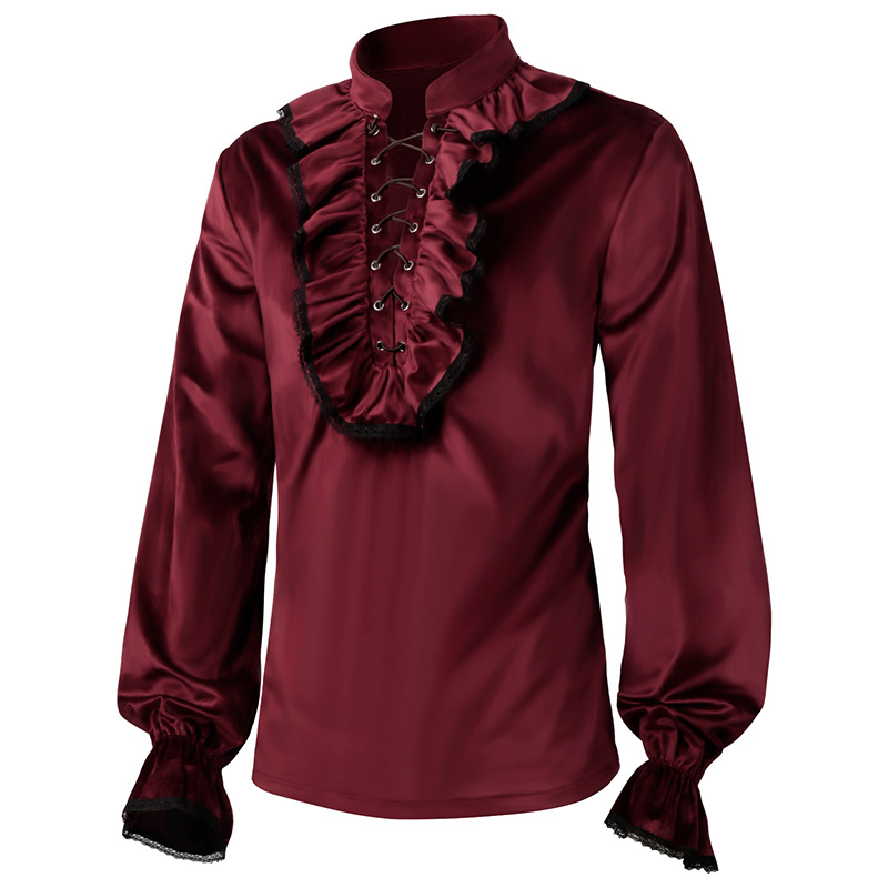 Red Lace Up Ruffles Lantern Sl - огляд і ціна Medieval Gothic Lace Up Pirate Shirt