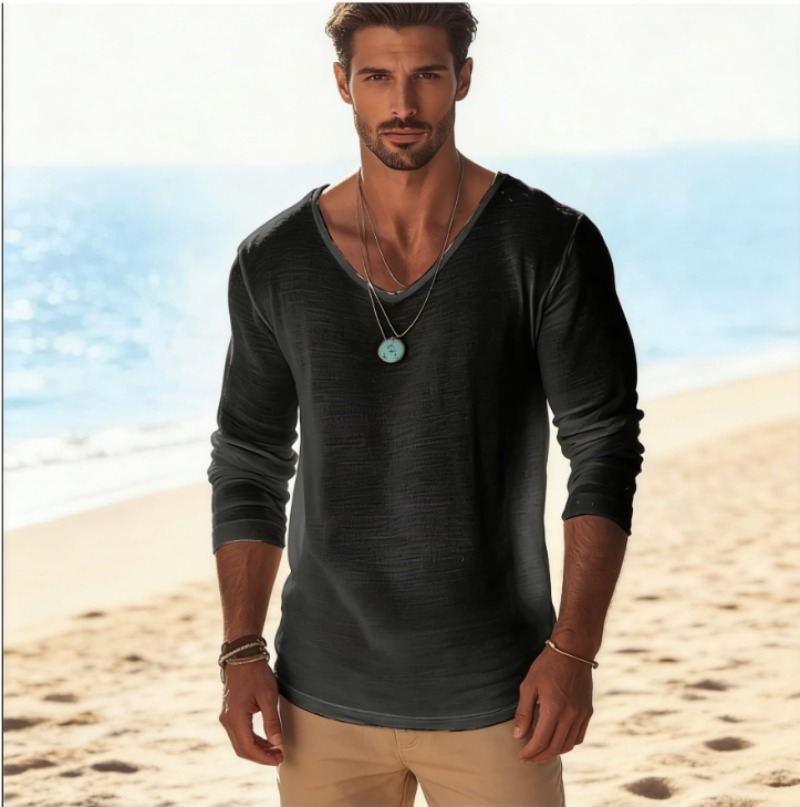 Men's Casual V-Neck Linen Blen - огляд і ціна Mens Linen Shirt Long Sleeve