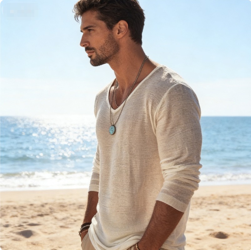 Men's Casual V-Neck Linen Blen - огляд і ціна Mens Linen Shirt Long Sleeve