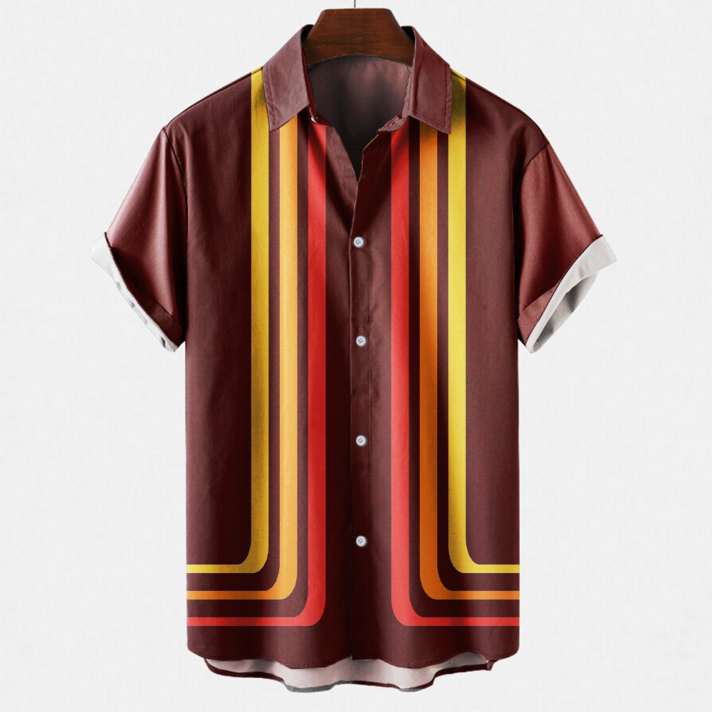 Men's Vintage Retro Striped Co - огляд і ціна Short Sleeve Bowling Shirt Retro