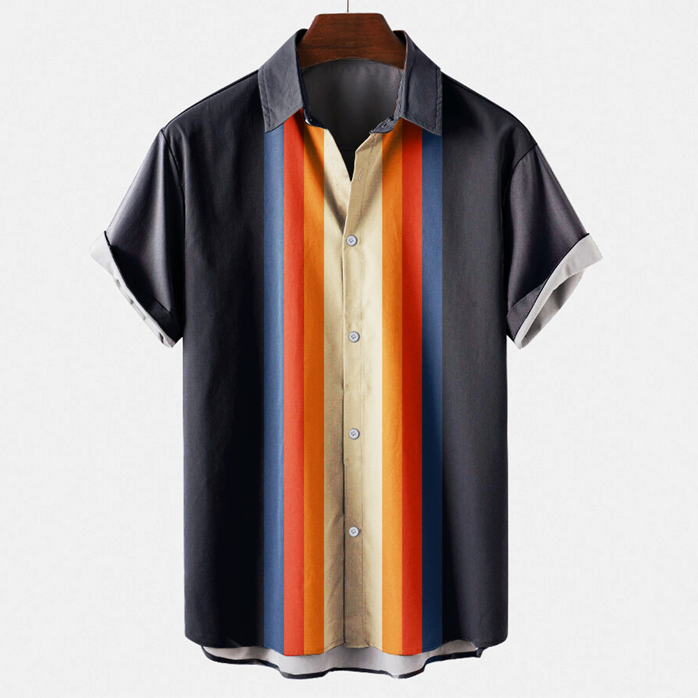 Men's Vintage Retro Striped Co - огляд і ціна Short Sleeve Bowling Shirt Retro
