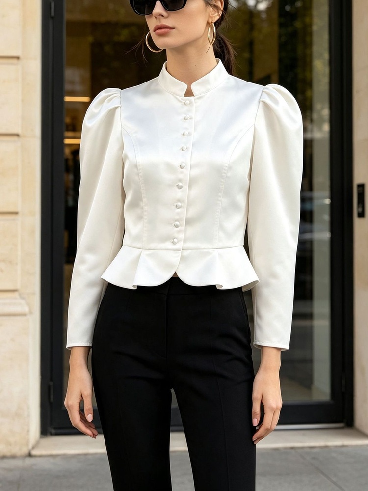 Peplum Blouse Long Sleeve Puff - огляд і ціна Mandarin Collar Formal Shirt Slim Fit