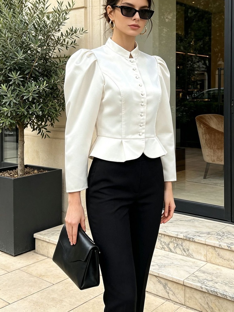 Peplum Blouse Long Sleeve Puff - огляд і ціна Mandarin Collar Formal Shirt Slim Fit