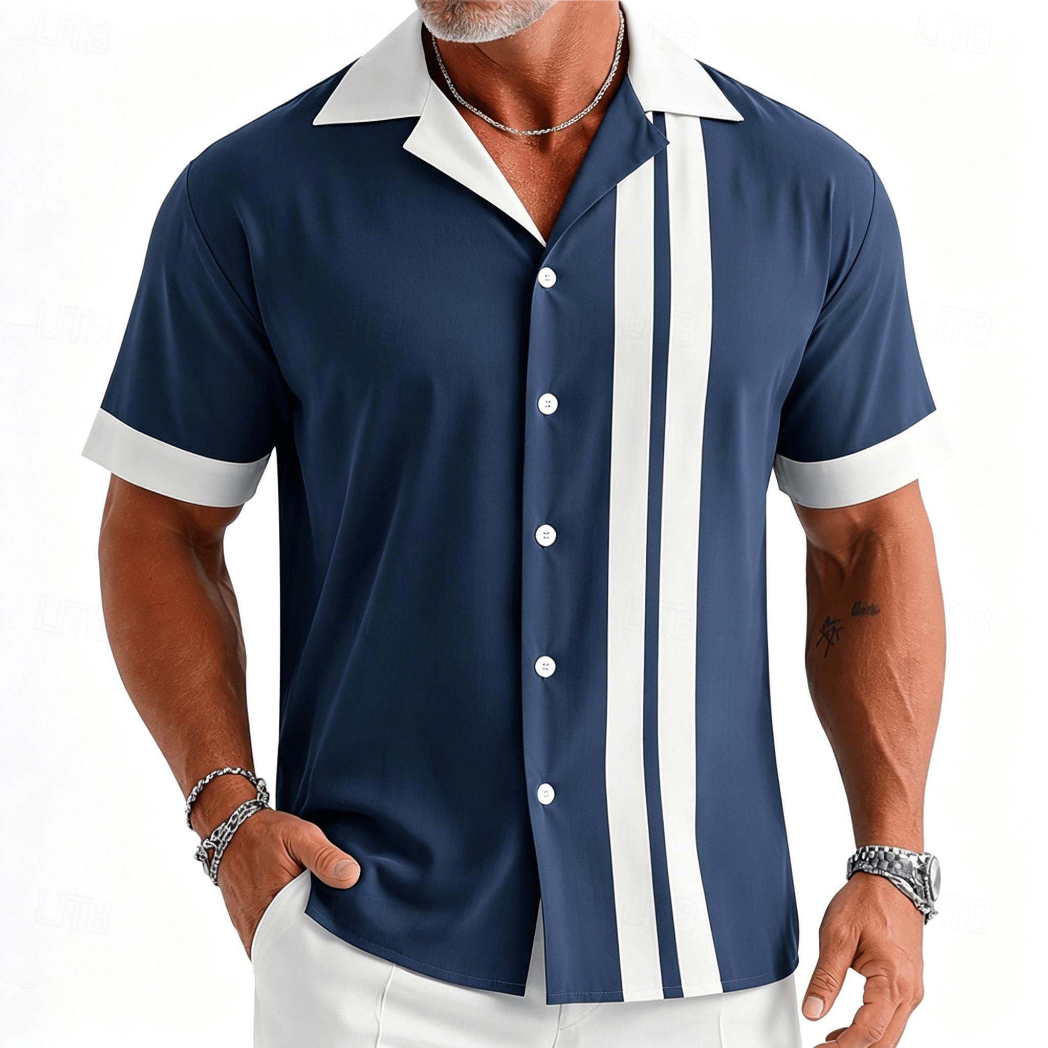 Men's navy blue and white vint - огляд і ціна Short Sleeve Bowling Shirt Retro