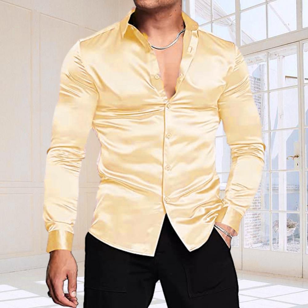 Stylish Men Shiny Silk Like Sa - огляд і ціна Mens Satin Silk Dress Shirt
