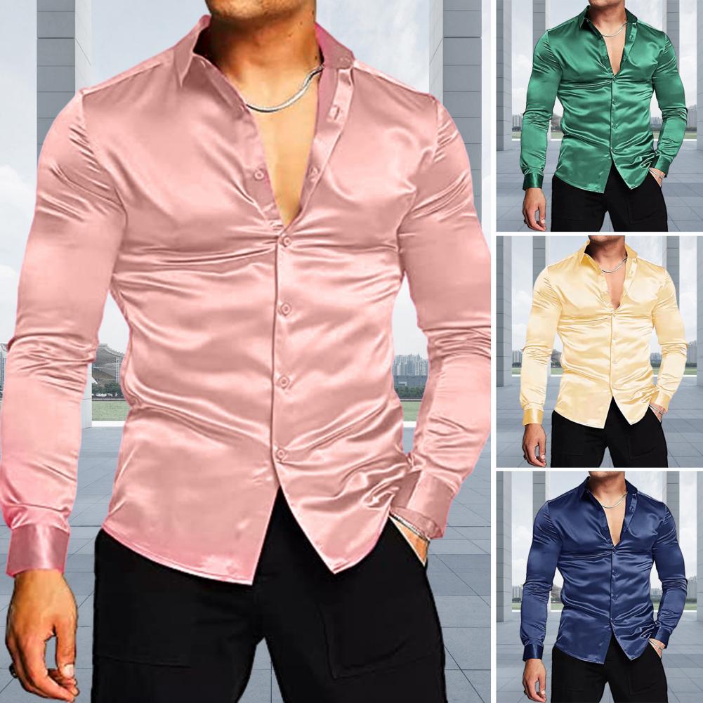 Stylish Men Shiny Silk Like Sa - огляд і ціна Mens Satin Silk Dress Shirt